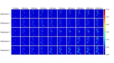 Absolute error for water saturation prediction of layer 1, case85/100 of the SPE10 sector model. Each row represents one realization.