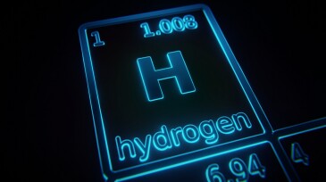 Focus on chemical element Hydrogen illuminated in periodic table of elements. 3D rendering