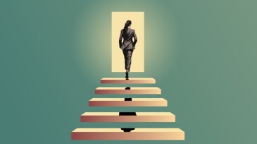 Career growth, goal achievement, woman in suit walking up the stairs, achieve career or business target