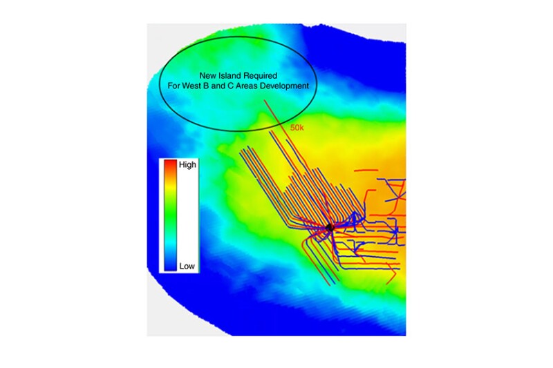 Map of subject well with MD of 50,000 ft with an underlying oil-saturation map.