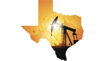 Map of Texas and oil derrick