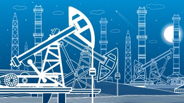 Power plant, petroleum industry. Outlines illustration. Urban night scene. Pipes and power. Factory Energy infrastructure. Vector design