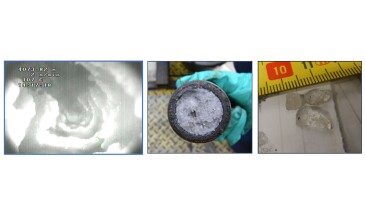 Salt precipitation close to perforation depth in a gas producer in the Dutch North Sea (left) with close-up photographs of salt brought up in a bailer toolstring.