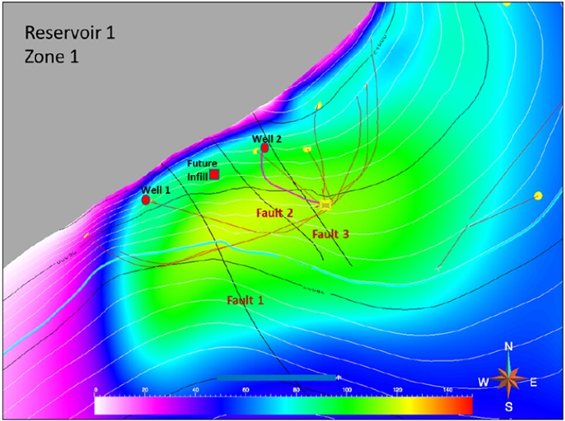 Wells and current faulting in the area of interest.