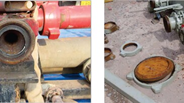 Rust in fracturing iron (left) and low-pressure manifold (right).