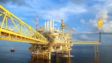 Offshore construction platform for production oil and gas. Oil and gas industry and hard work industry. Production platform and operation process by manual and auto function from control room.