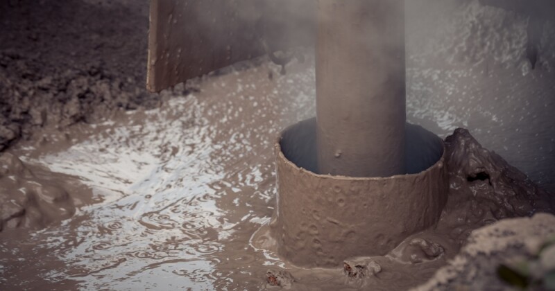 Drilling rig hitting water in the borehole