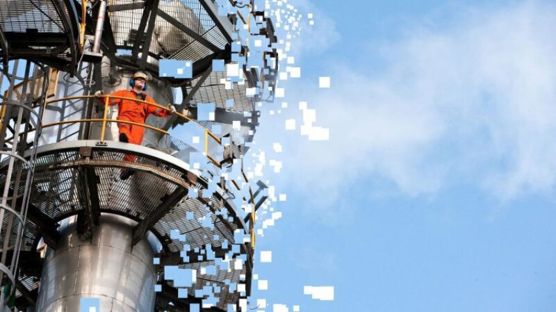 Image of man on equipment that has been manipulated to remove areas of pixels