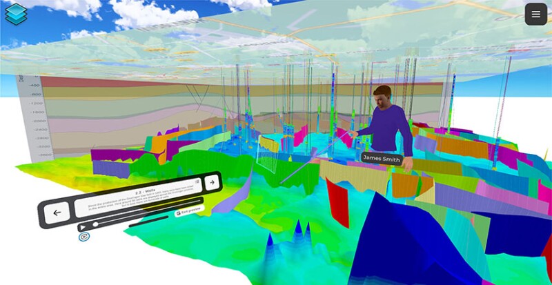 3D subsurface model in virtual reality with wells, seismic, well logs, 3D model, faults, well tops, satellite image, and annotation cross-section. Source: Bureau of Economic Geology, The University of Texas at Austin.