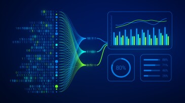 Data analytics and insights powered by big data and artificial intelligence technologies. Data mining, filtering, sorting, clustering and computing by AI for business analytics dashboard with charts.