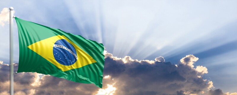 Brazil flag on blue sky. 3d illustration