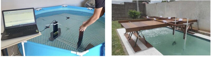 Typical initial test in the smaller tarpaulin pool (left) used in the first round of tests, and the larger resin pool (right) in the second round of testing. Source: OTC 35706.