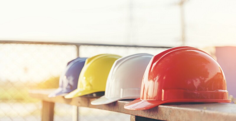 Banner Construction hard hat safety tools equipment for workers in construction site for engineering protection head standard. Panorama Many hard hat helmet on row copy space. Engineer Construction