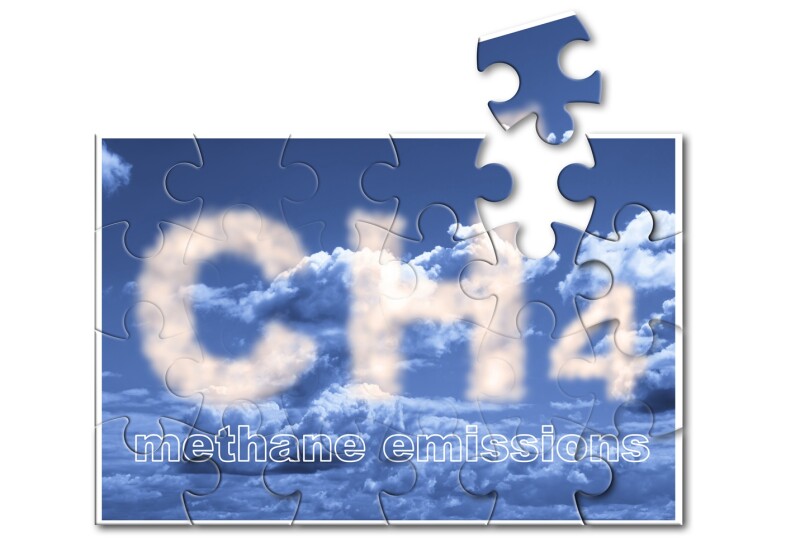 CH4 gas methane emissions are the second-largest cause of global warming after carbon dioxide - solutions concept against a cloudy sky in jigsaw puzzle shape