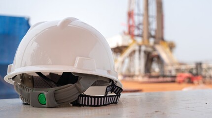 A white safety hardhat with blurred background of drilling rig derrick structure.