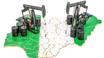 Nigeria map with oil barrels and pumpjacks. Oil production concept. 3D rendering