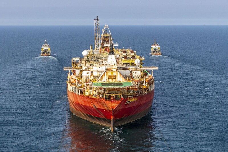 Boskalis vessels tow the FPSO Fluminense from Brazil to the Modern American Recycling Services yard in Denmark using the Boka Summit and Boka Glacier as leading tugs. The Manta, not pictured, served as an escort tug. Source: Boskalis.