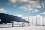 This 3D rendering shows a concept of renewable energy storage consisting of efficient dark solar panel panels, a modular battery energy storage system, and a wind turbine system.