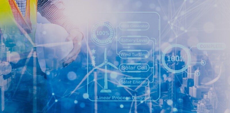 Double exposure-engineer control check operation wind turbine,energy electricity,power supply renewable,power generator,artificial intelligence or AI technology,sustainable alternative energy concept