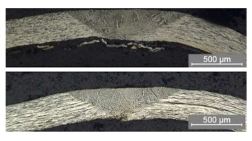 Photomichrographs (Top and Bottom) showing the seam weld on the cross section of two different samples taken through the 90-day 15% H2S test. The Monel matrix and the seam weld surfaces show no stress cracking induced during the 90-day, 15% H2S testing