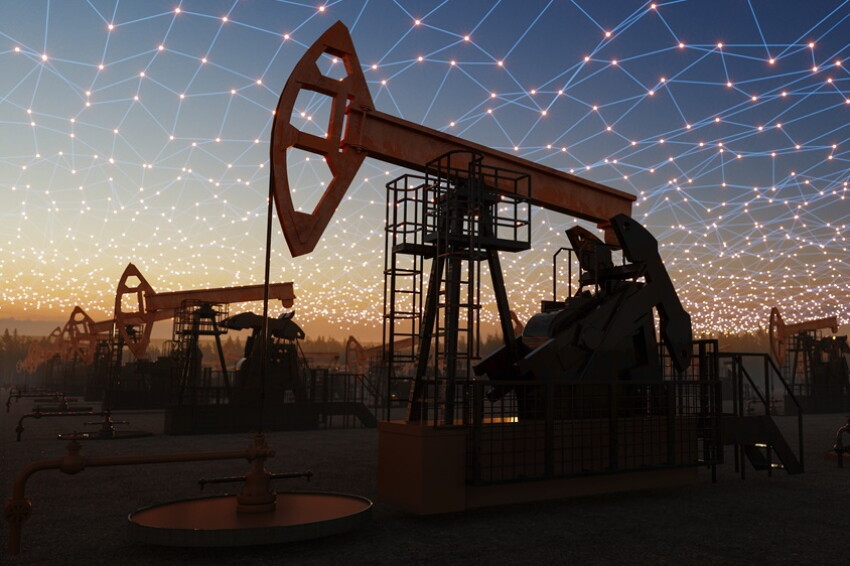 Connected Smart Oil Field Concept with Pump Jacks at Sunset
