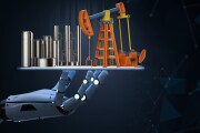 Petroleum industry technology concept with robot arm and oil refinery