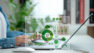 Businessmen use laptops to analyze ESG Co2 Carbon footprint Emission report graph to net zero. Green business corporate responsibility sustainable environment development goal. World Environment Day.