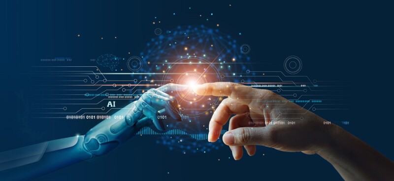 AI, Machine learning, Hands of robot and human touching on big data network connection background, Science and artificial intelligence technology, innovation and futuristic.