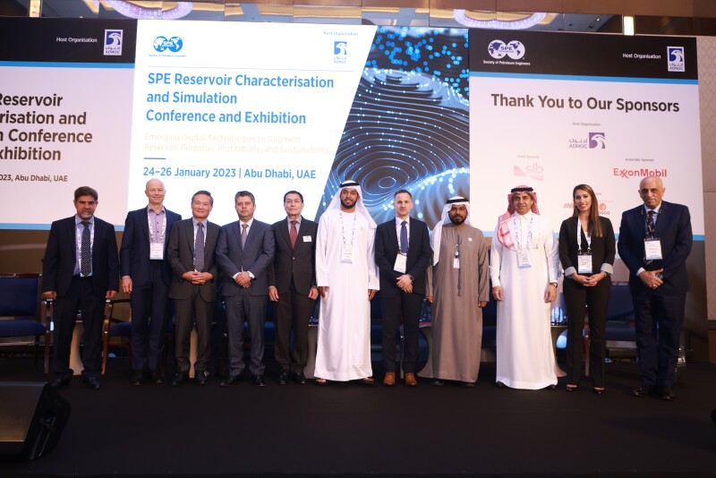 Maged Mabrook, Conference Chair, Manager, Reservoir and Petroleum Engineering, Thamama Subsurface Excellence Division, ADNOC with the Executive Plenary Session Speakers (2).JPG