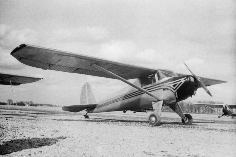 Black and white image of an old airplane, 1946 Luscombe.