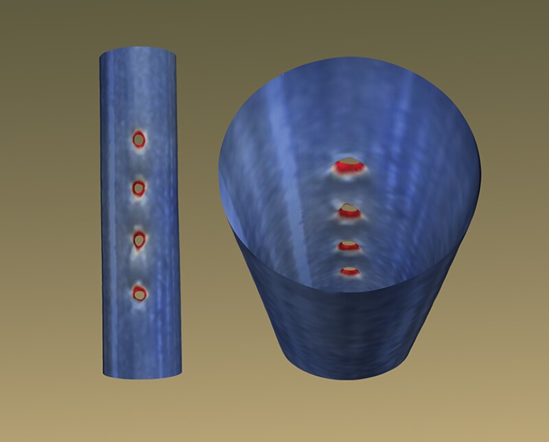 A line of perforations along the top of the casing imaged after fracturing using ultrasound.