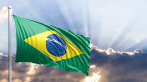 Brazil flag on blue sky. 3d illustration