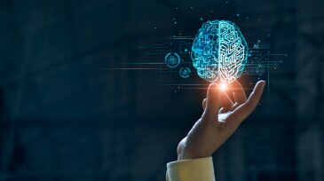 Hand touching brain of AI, Symbolic, Machine learning, artificial intelligence of futuristic technology. AI network of brain on business analysis, innovative and business growth development.