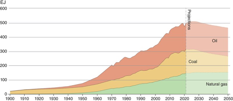 Projections for fossil fuels demand until 2050.