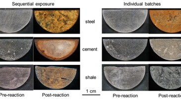 Microscopic images of the steel, cement and shale coupons from the sequential exposure batch and individual batches before and after reaction.