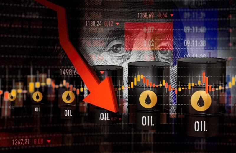 Graphic that combines currency, stock price ticker, trading ranges, oil barrels and a strong red downward trending arrow