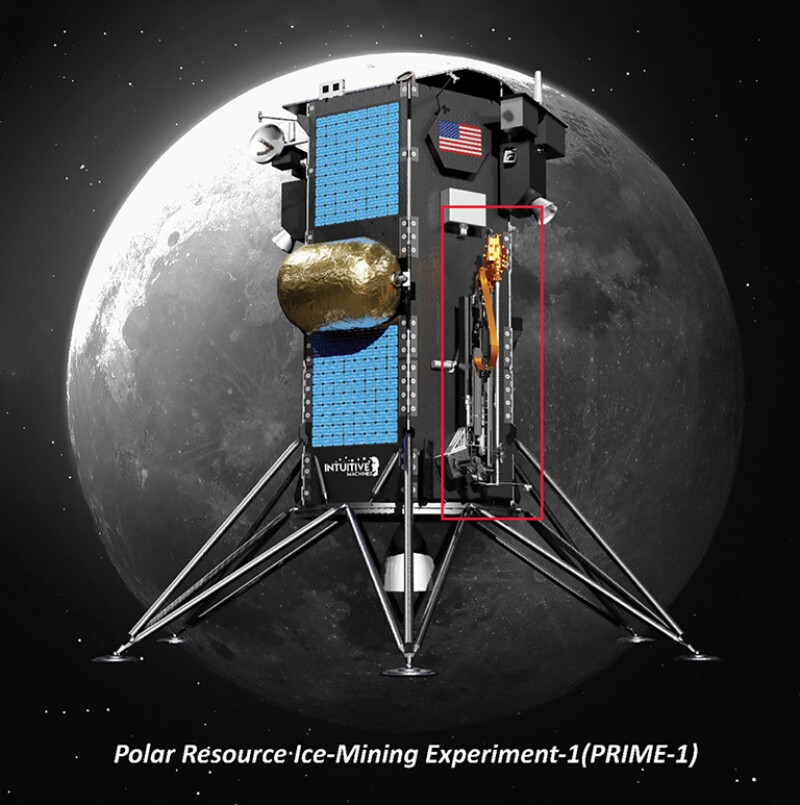 Intuitive Machines lunar lander with the TRIDENT drill mounted on the right