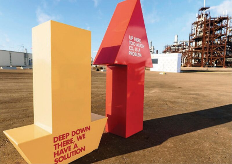 Sign at carbon capture facility illustrating that solution to problem of CO2 in clouds may be below the surface