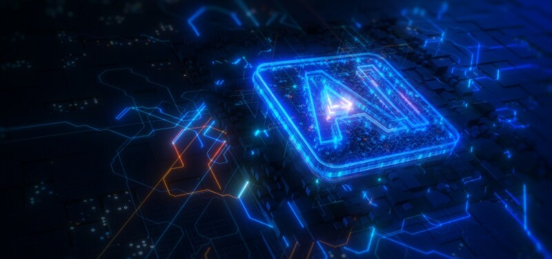 Artificial Intelligence AI On Circuit Board. Future Technology Concept Visualization. Big Data Transmission Connection. AI Analyzes Technology Digital Data Network Abstract Background.  3d rendering