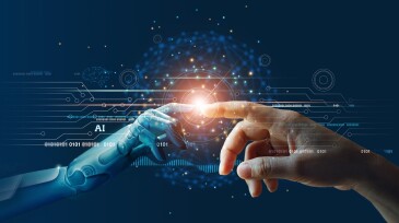 AI, Machine learning, Hands of robot and human touching on big data network connection background, Science and artificial intelligence technology, innovation and futuristic.