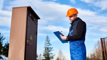 Oil inspector in protective overalls and orange helmet making notes next to a transformer