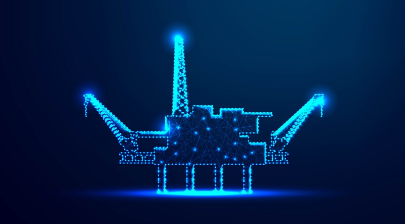 Offshore Jack Up Rig in The Middle of The Sea, oil industry. abstract low poly wireframe mesh design. from connecting dot and line. vector illustration.futuristic design on dark blue background