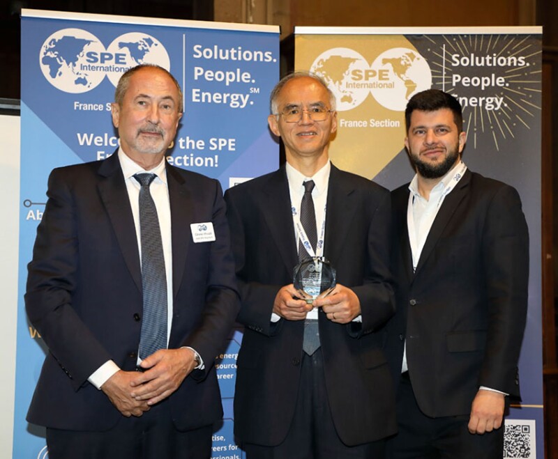 Five SPE France members were honored for their outstanding technical contributions by regional and international leadership. The awards were presented by Olivier Houzé, 2025 SPE International President, and Pierre Emmanuel D’Huart, SPE Europe Regional Director. Shown here are (from left) Houzé, award recipient Didier Yu Ding, and D’Huart.