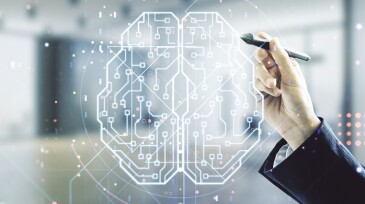 Double exposure of man hand with pen working with creative artificial Intelligence interface on blurred office background. Neural networks and machine learning concept