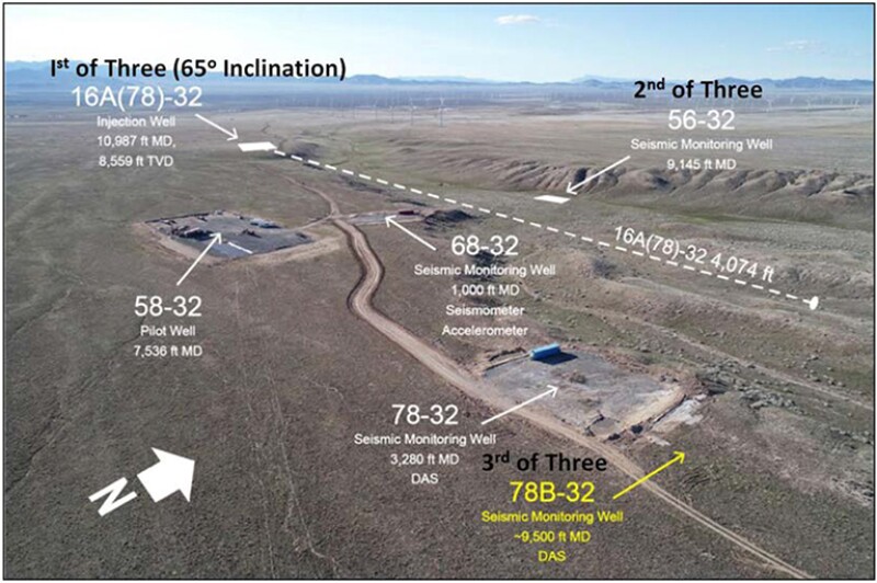 The three wells marked on the map were part of a test that halved the time required to drill geothermal wells in really hard rock. 