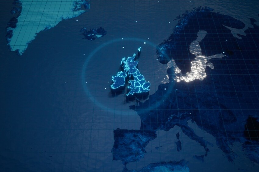Abstract  geometric futuristic concept 3d Map of United Kingdom with borders as scribble,  blue neon style. 3d rendering