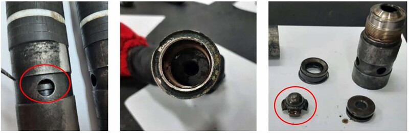The retrieved gas lift valve. (a) Partially blocked gas lift valve orifice due to seat movement. (b) Elastomer ring was not inside the valve. (c) Check-valve darts were damaged. Source: SPE 219537/Petrobras.