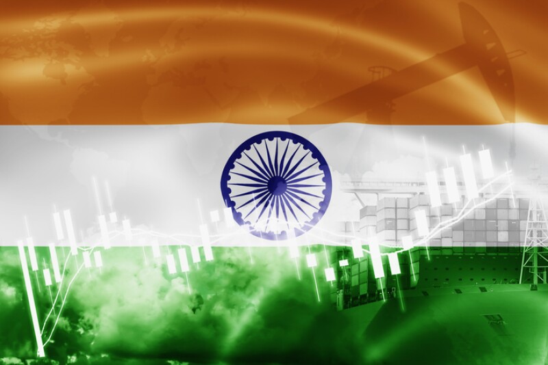 India flag, stock market, exchange economy and Trade, oil production, container ship in export and import business and logistics.