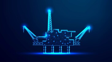 Offshore Jack Up Rig in The Middle of The Sea, oil industry. abstract low poly wireframe mesh design. from connecting dot and line. vector illustration.futuristic design on dark blue background
