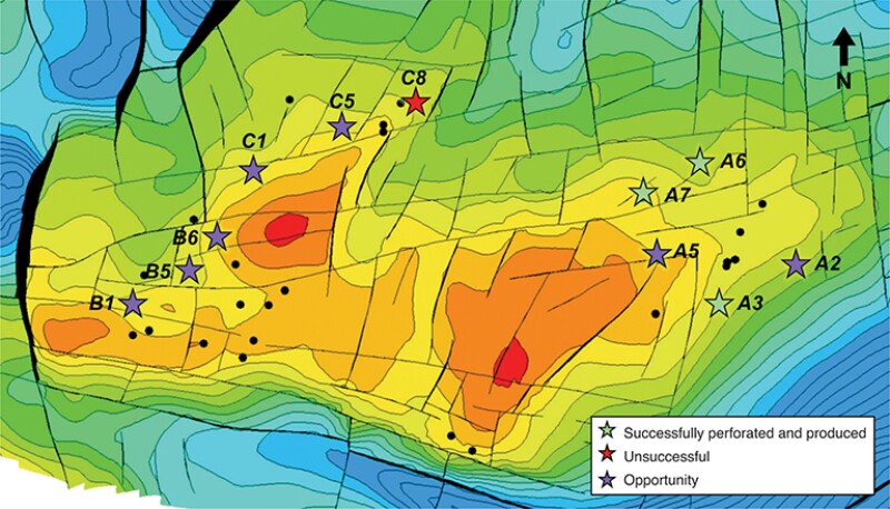 map of Field D shows wells with perforation at LR/LC reservoirs and wells with LR/LC opportunities